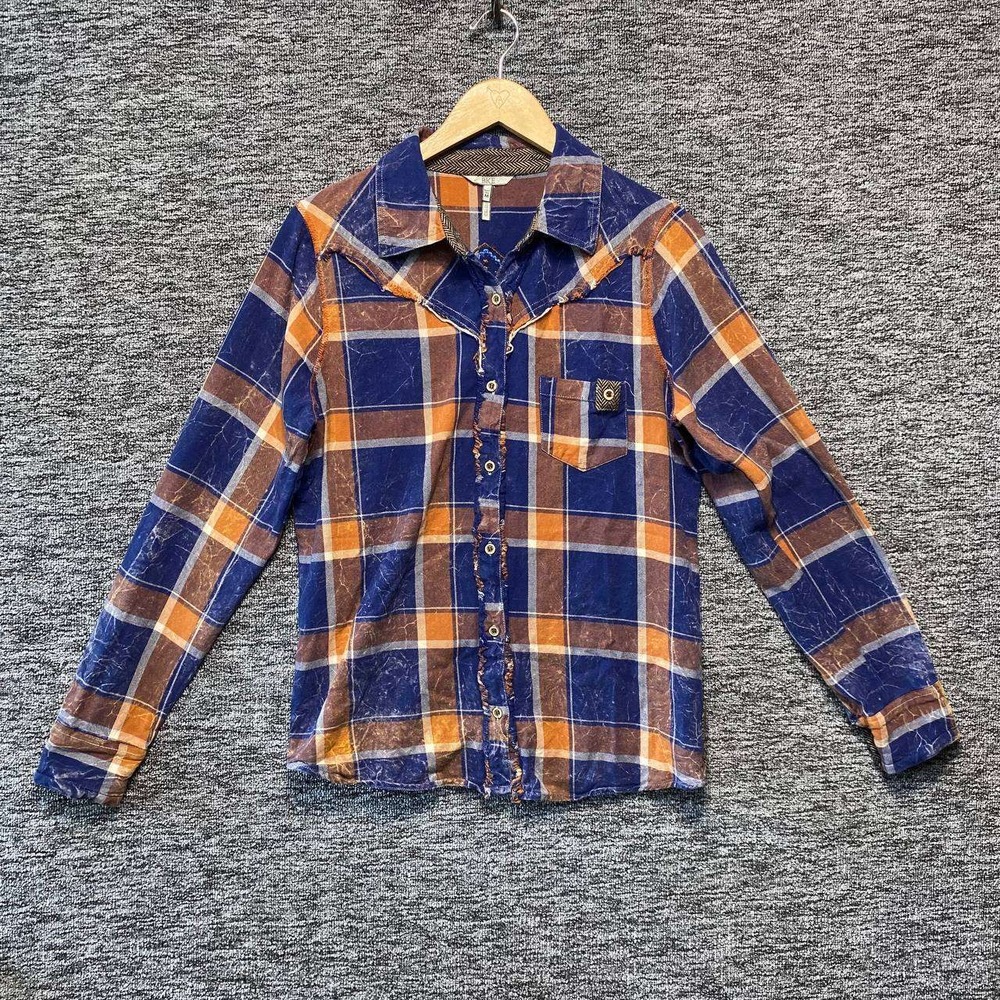 BKE Flannel Shirt Women Medium Orange Blue Acid Wash Plaid Western Raw Edge Trim